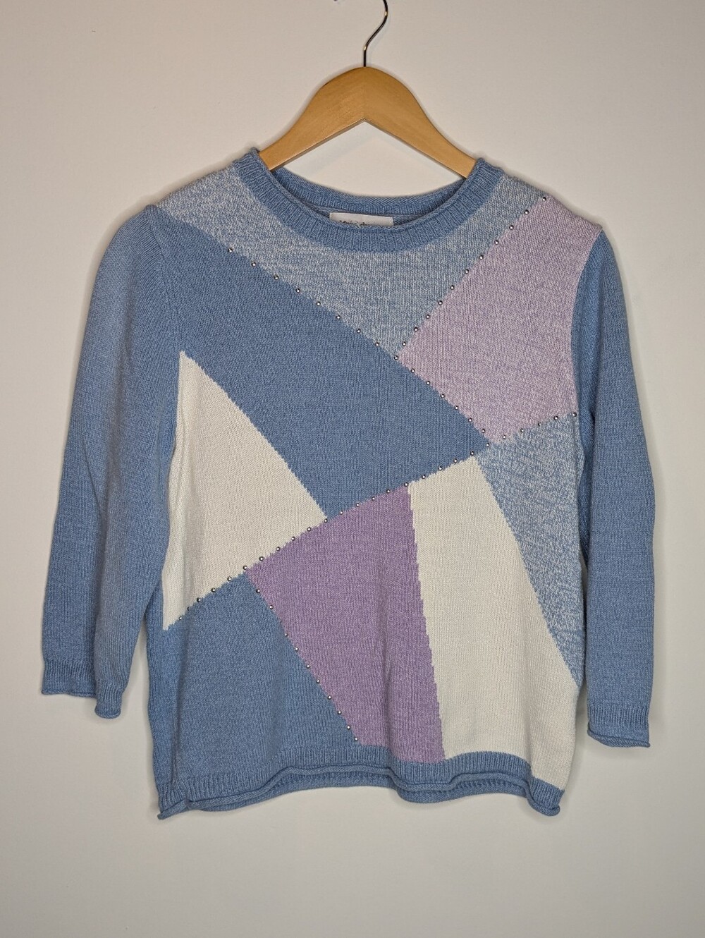 Patchwork Crewneck Sweater - Blue & Lavender, White Medium